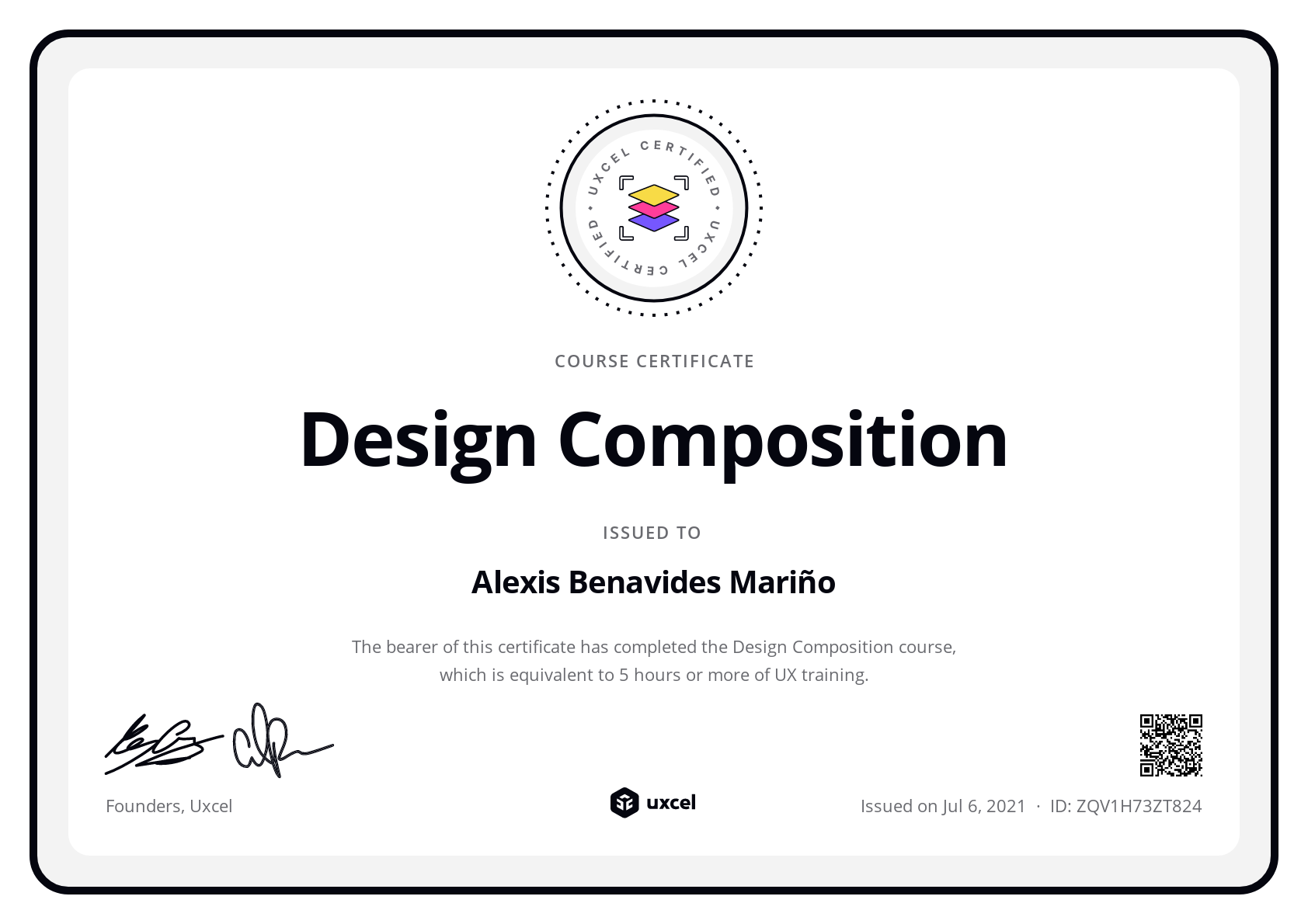 Alexis Benavides Mariño's certificate